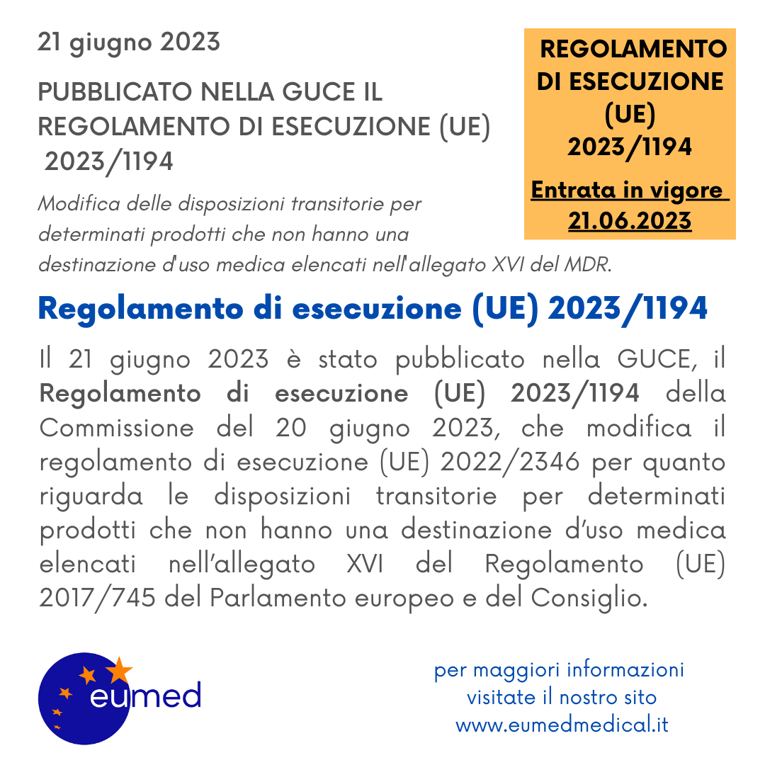 PUBBLICATO IL REGOLAMENTO DI ESECUZIONE (UE) 2023/1194